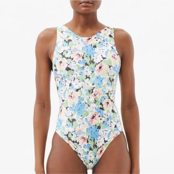 Ganni Floral One Piece Swimsuit Azure Blue Floral Bathingsuit - Picture 1 of 12